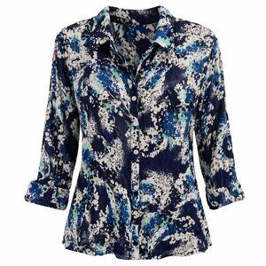 Jaclyn Smith summer blouse, art print tunic top, long sleeves, button down, S.XL